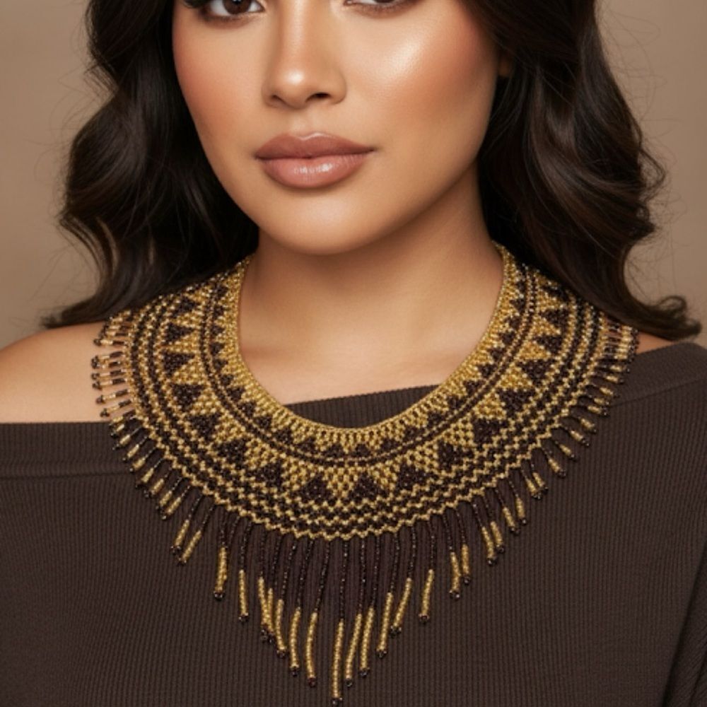 New Beautiful Handmade Purple & Gold Beaded Mexican Collar Necklace